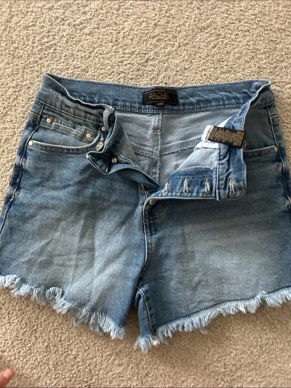 RACHEL Medium Blue Denim Button-Front Frayed Hem Shorts